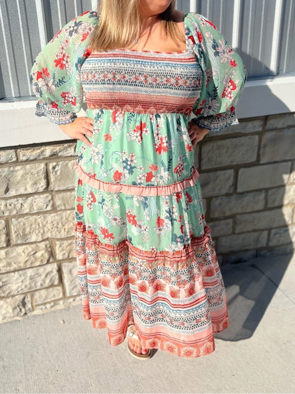 DAVI & DANI Mint Boho Floral Smocked Maxi Pockets Dress Women’s Small